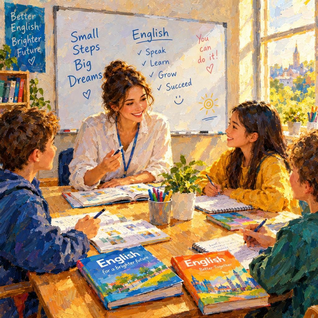 Illustration: an English lesson with the teacher at the whiteboard and students working from English course books