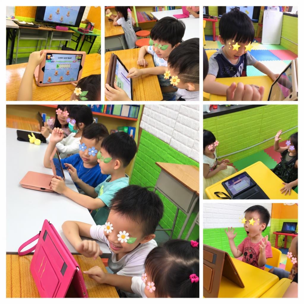 Students working in small groups on tablets during an interactive English exercise