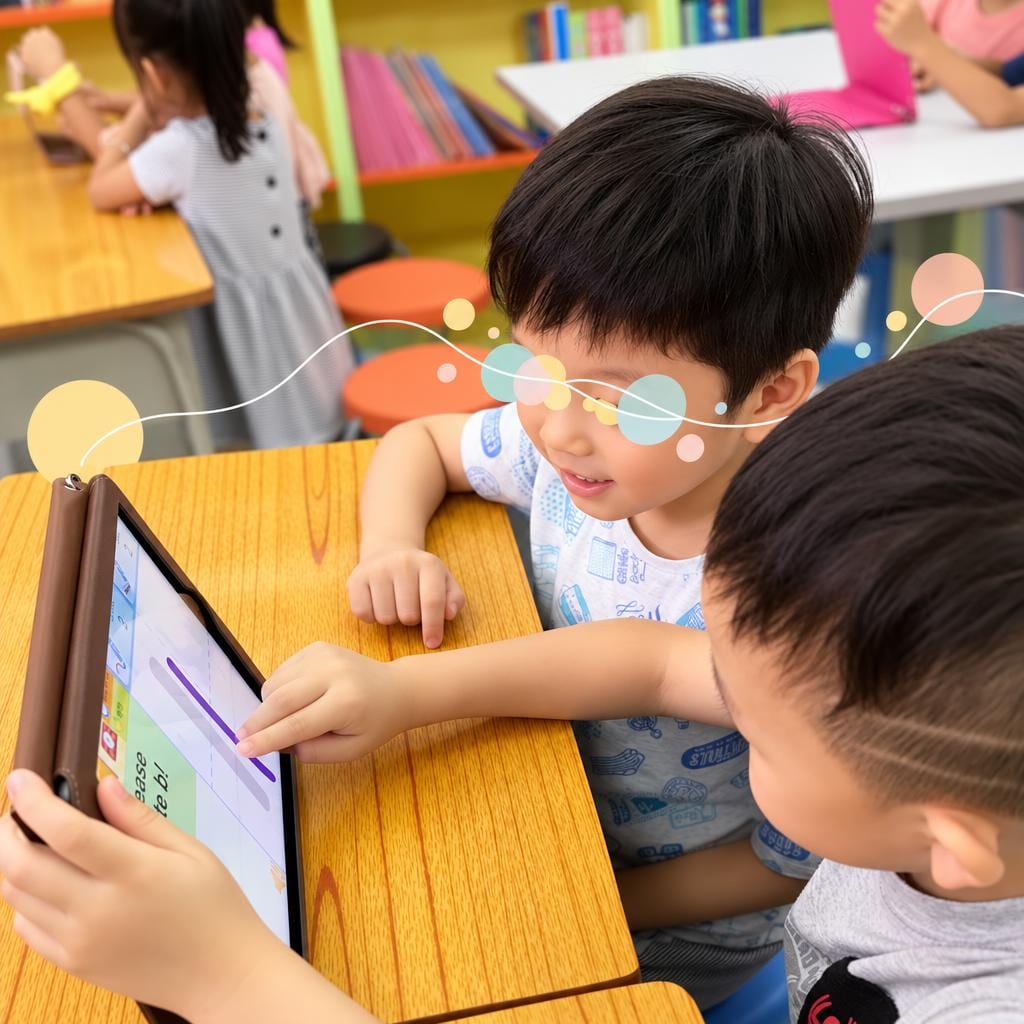 Two students sharing a tablet, using a stylus to complete an English writing task