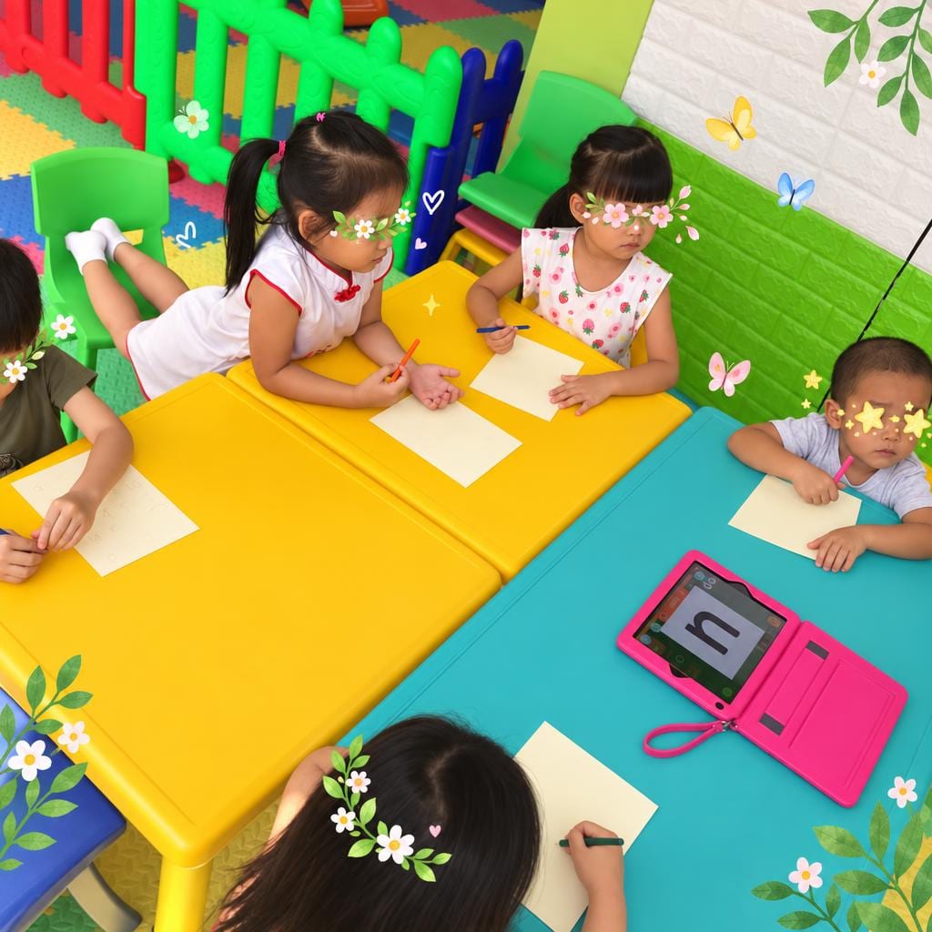 Young learners at colourful desks, working on a tablet alongside paper exercises