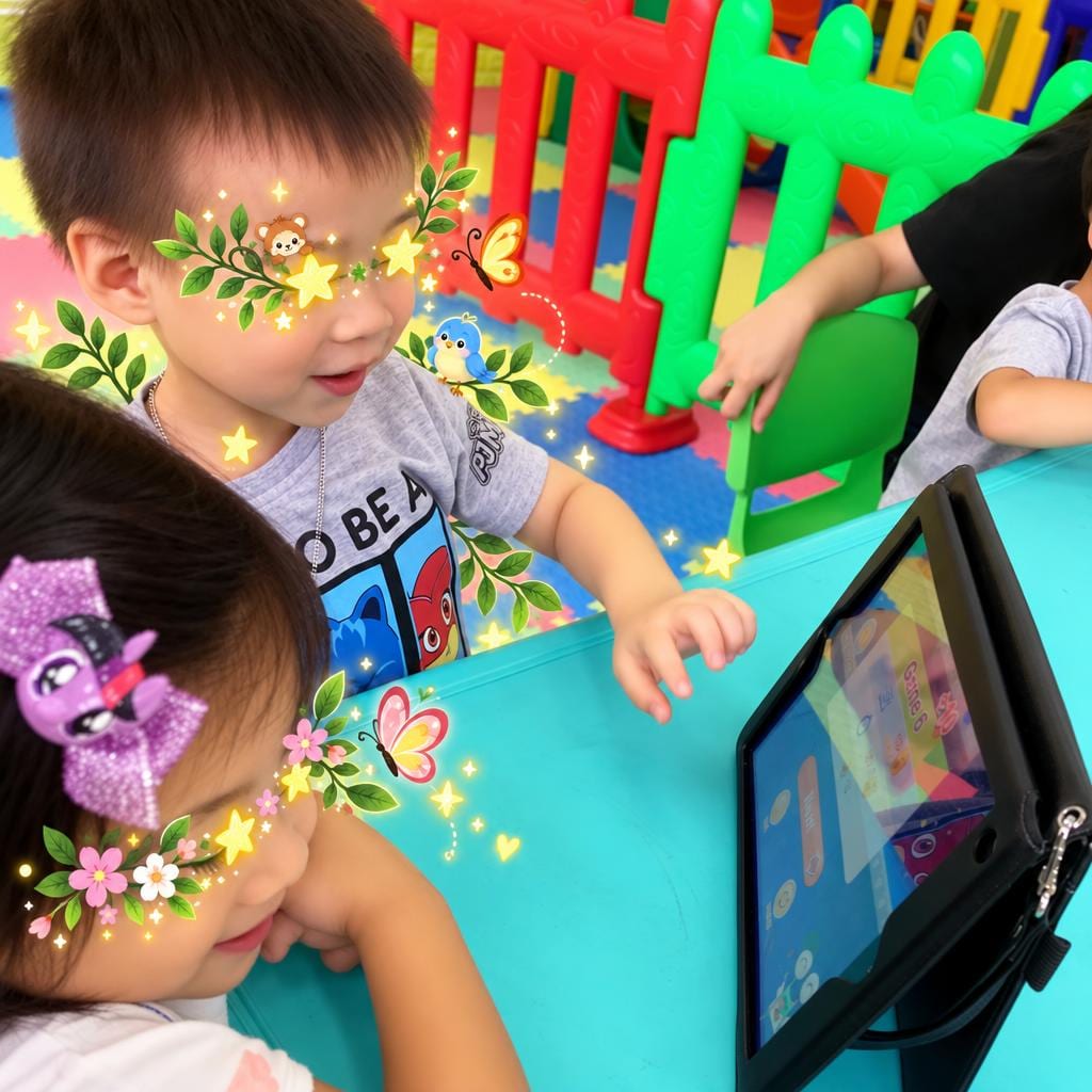 A young child reaching out to interact with learning content on a tablet in the play area