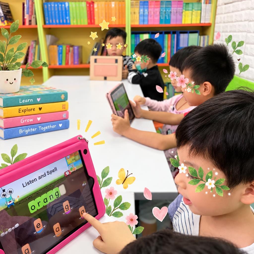 Students practising spelling with 'Listen and Spell' in the reading corner