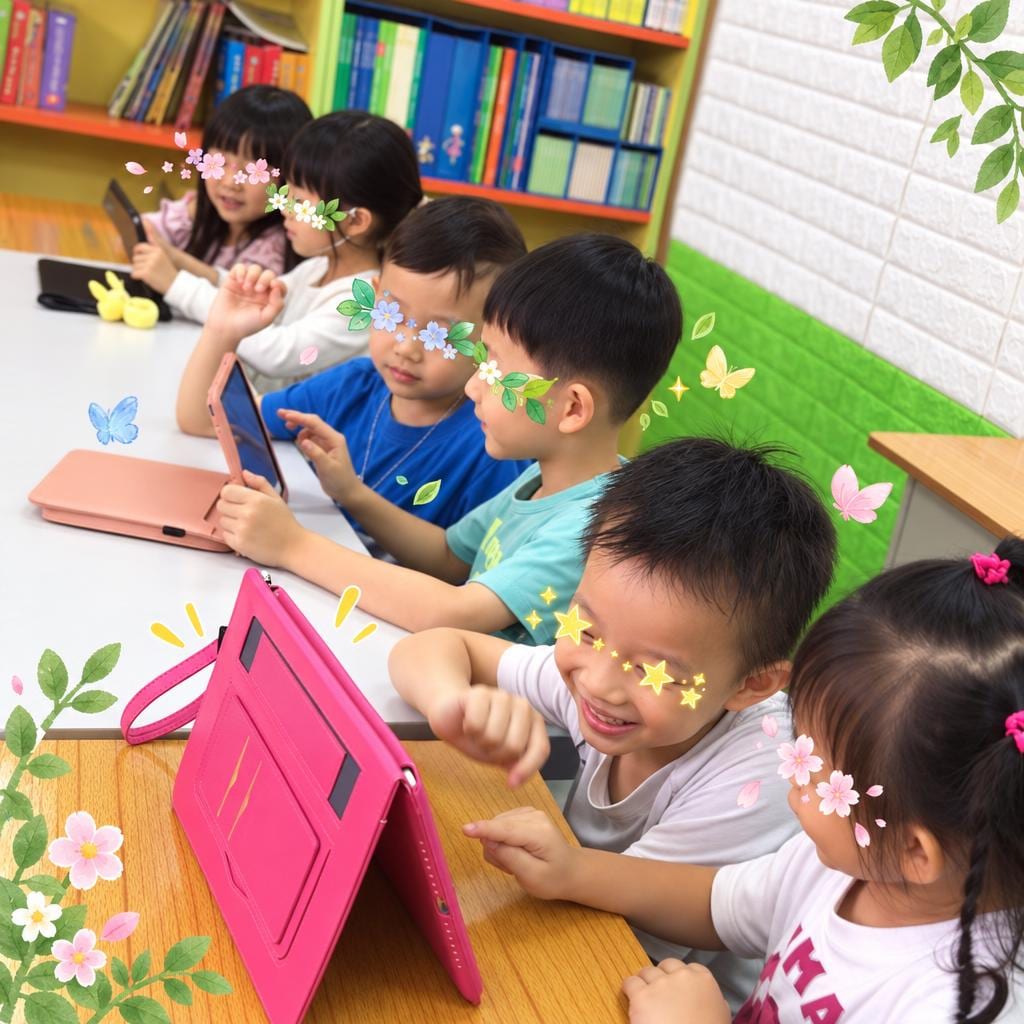 A group of students gathered around a tablet for an interactive English lesson