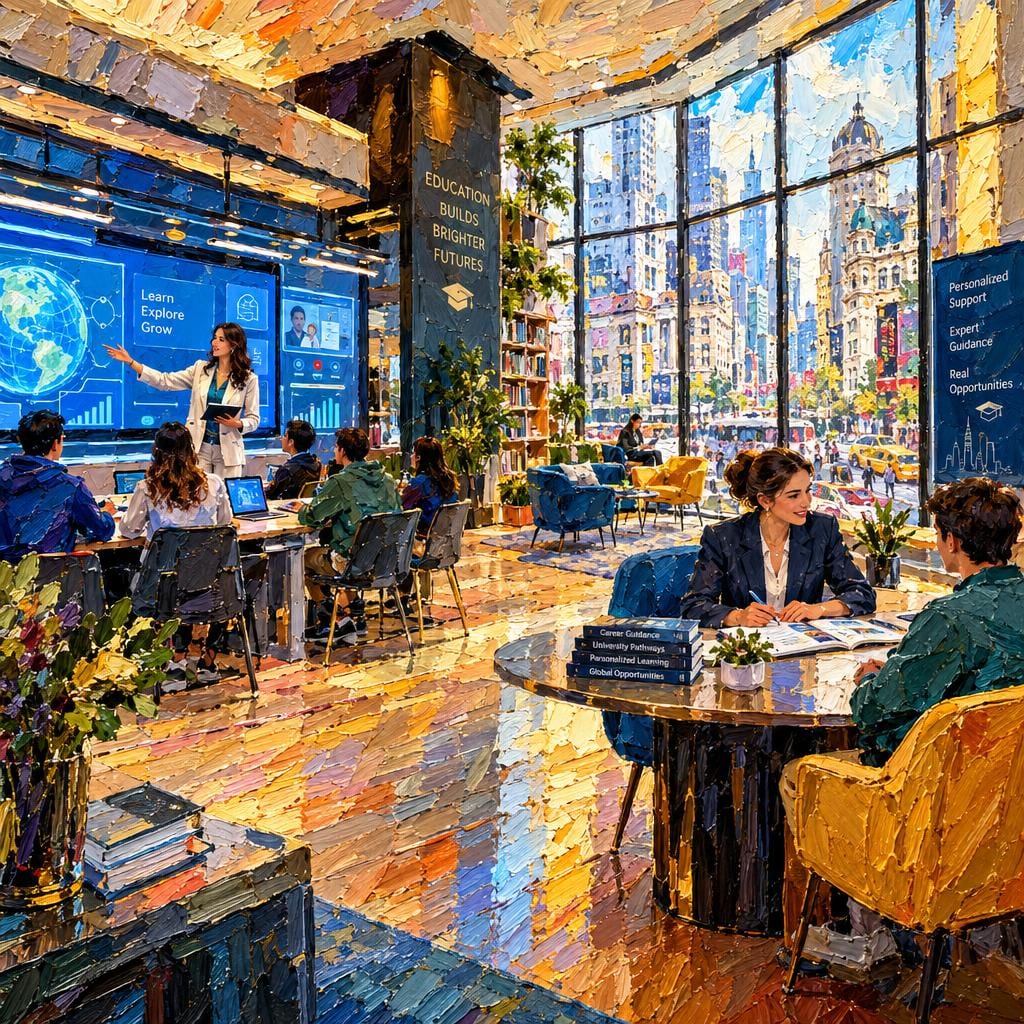 插画：宽敞明亮的教学中心，学员在大面落地窗前分组学习与讨论