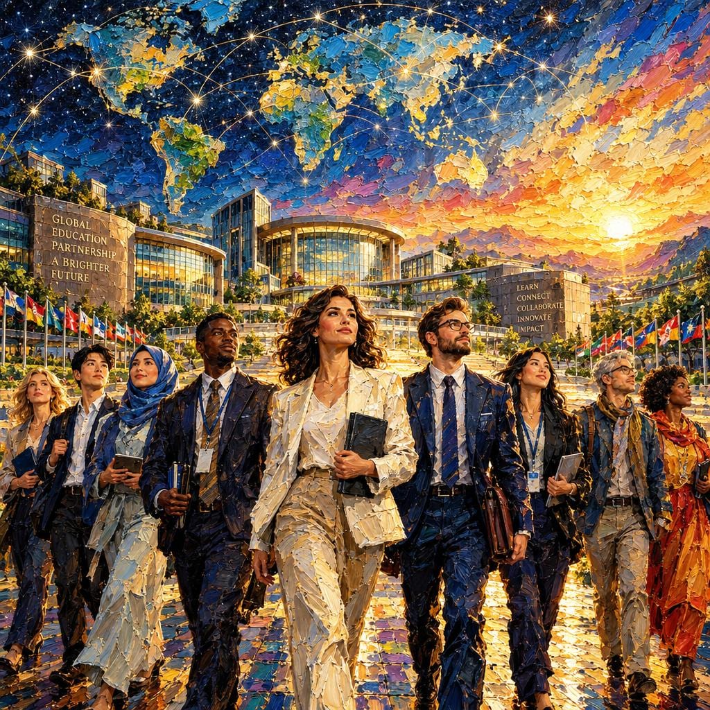 插画：教育工作者并肩前行，背景为各国国旗，象征国际教育伙伴关系